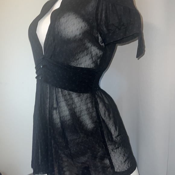 Women’s black sheer polka dot blouse with tie strings on the neck for bow - Picture 12 of 13